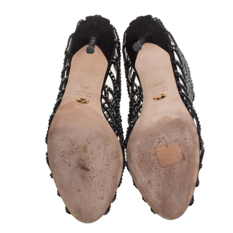 Pre Owned Sergio Rossi Black Suede Crystal Embellished Scalloped Peep Toe Caged Booties Size 38.5