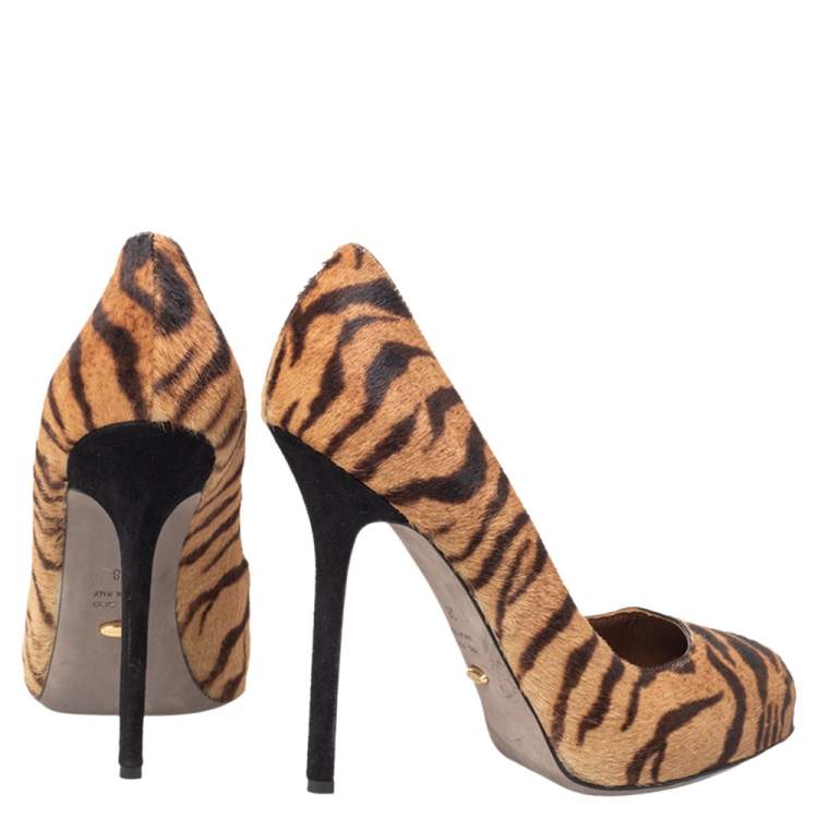Pre Owned Sergio Rossi Brown Tiger Stripes Print Calf Hair Pumps Size 38