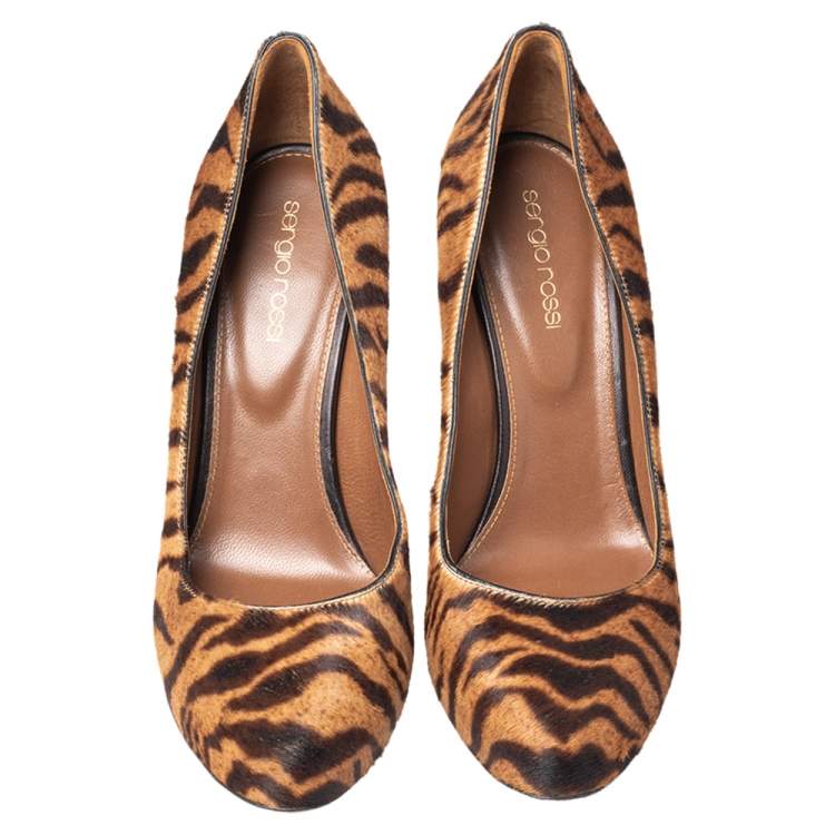 Pre Owned Sergio Rossi Brown Tiger Stripes Print Calf Hair Pumps Size 38