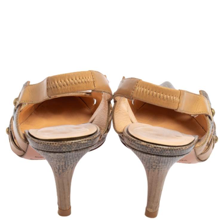 مملوكة مسبقًا Sergio Rossi Beige/Grey Karung and Leather Trim Vintage Slingback Pointed Toe Pumps Size 41 