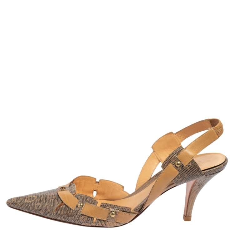 مملوكة مسبقًا Sergio Rossi Beige/Grey Karung and Leather Trim Vintage Slingback Pointed Toe Pumps Size 41 