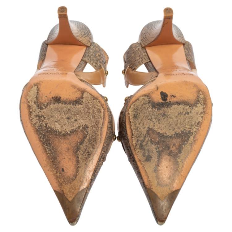 مملوكة مسبقًا Sergio Rossi Beige/Grey Karung and Leather Trim Vintage Slingback Pointed Toe Pumps Size 41 