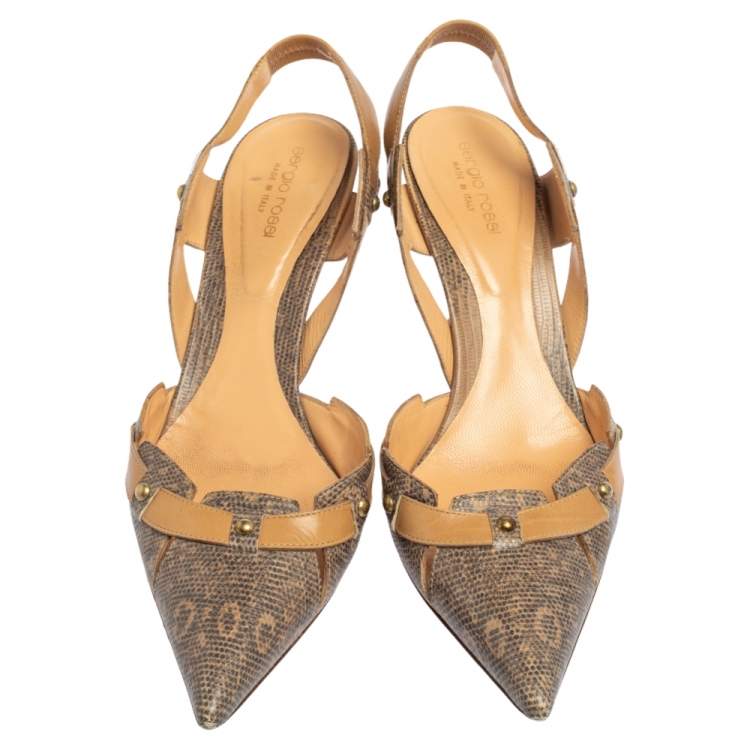 مملوكة مسبقًا Sergio Rossi Beige/Grey Karung and Leather Trim Vintage Slingback Pointed Toe Pumps Size 41 