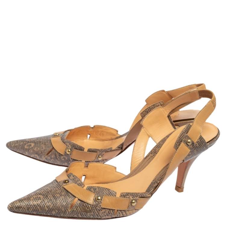 مملوكة مسبقًا Sergio Rossi Beige/Grey Karung and Leather Trim Vintage Slingback Pointed Toe Pumps Size 41 