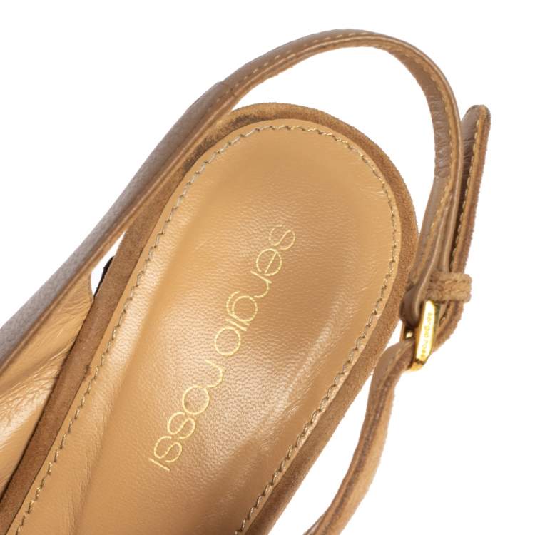 مملوكة مسبقًا Sergio Rossi Dark Beige Leather and Suede Slingback Sandals Size 38