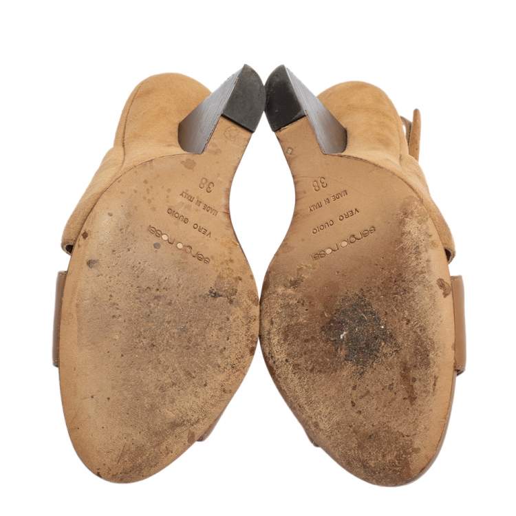 مملوكة مسبقًا Sergio Rossi Dark Beige Leather and Suede Slingback Sandals Size 38
