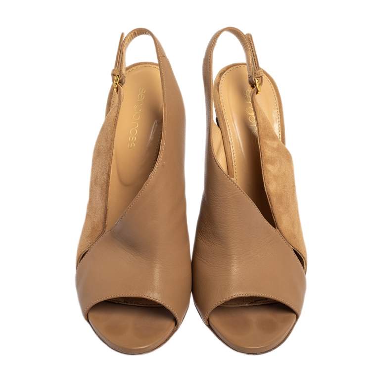 مملوكة مسبقًا Sergio Rossi Dark Beige Leather and Suede Slingback Sandals Size 38