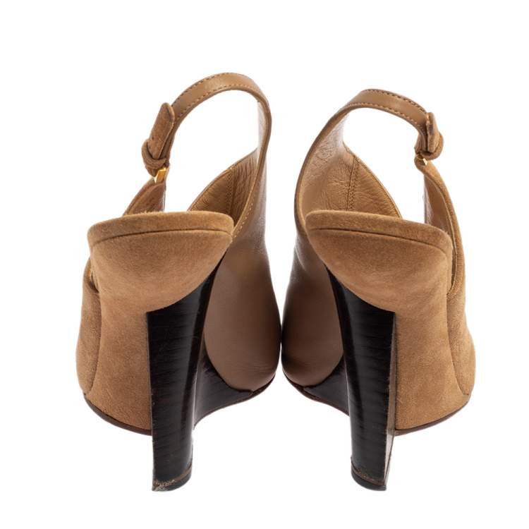 مملوكة مسبقًا Sergio Rossi Dark Beige Leather and Suede Slingback Sandals Size 38