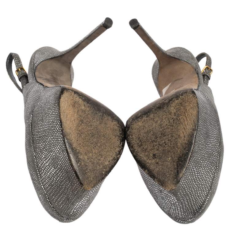 Pre Owned Sergio Rossi Grey/Silver Suede Cachet Peep Toe Platform Slingback Sandals Size 37.5