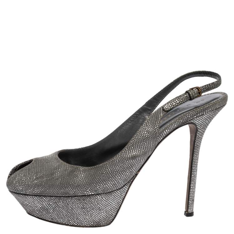 Pre Owned Sergio Rossi Grey/Silver Suede Cachet Peep Toe Platform Slingback Sandals Size 37.5