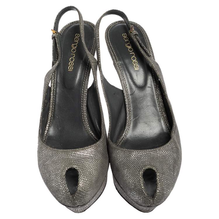 Pre Owned Sergio Rossi Grey/Silver Suede Cachet Peep Toe Platform Slingback Sandals Size 37.5