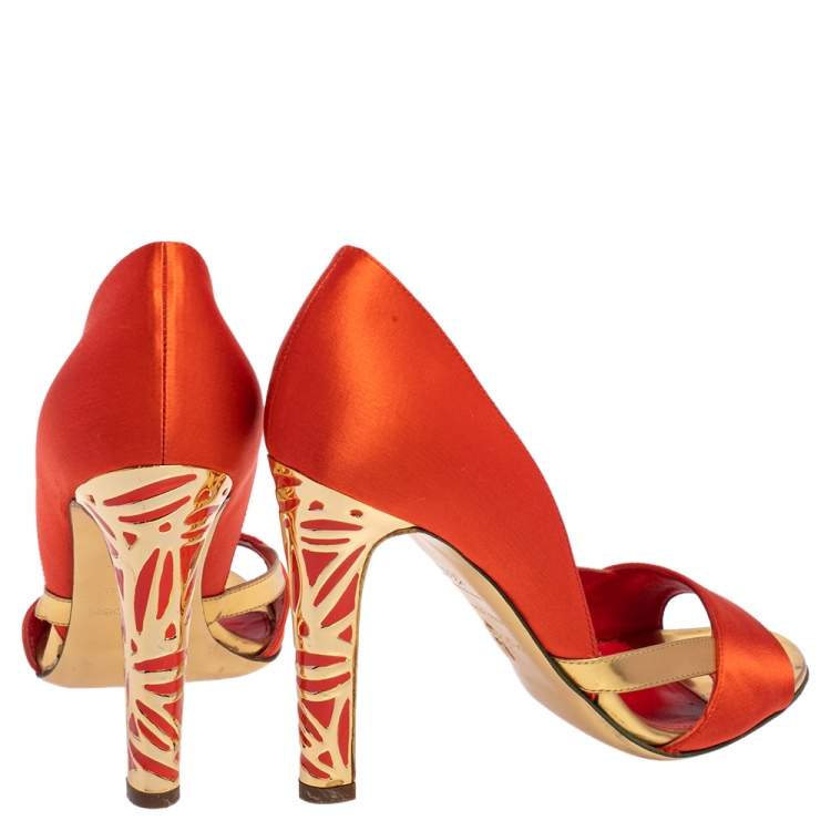 Pre Owned Sergio Rossi Orange/Gold Satin and Leather Open Toe Sandals Size 36.5