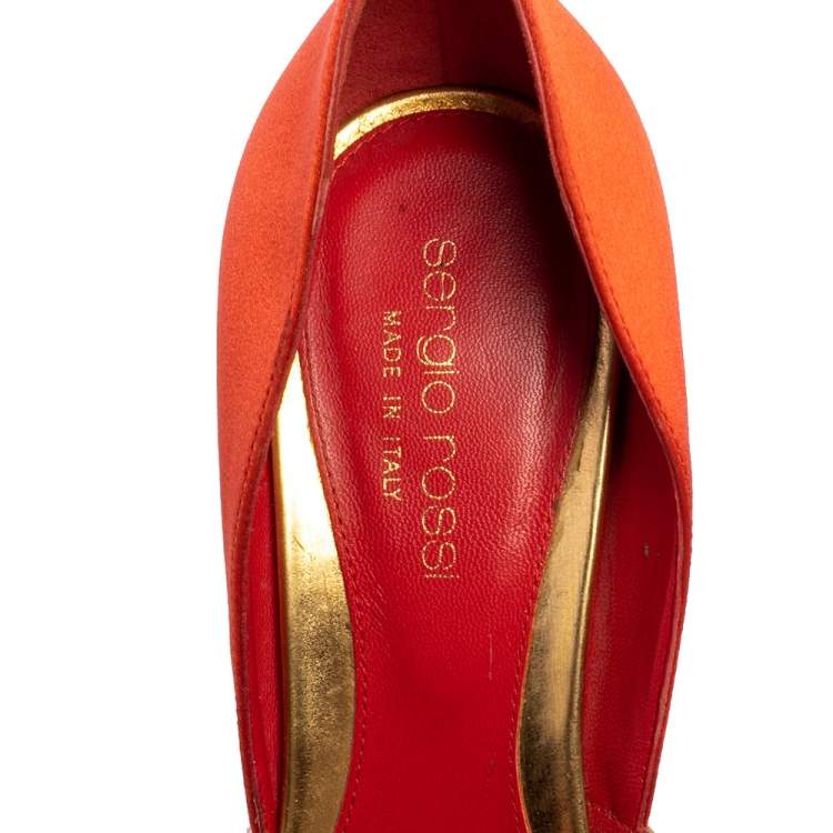 Pre Owned Sergio Rossi Orange/Gold Satin and Leather Open Toe Sandals Size 36.5