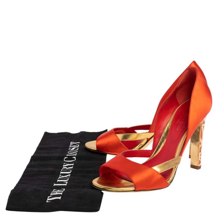 Pre Owned Sergio Rossi Orange/Gold Satin and Leather Open Toe Sandals Size 36.5