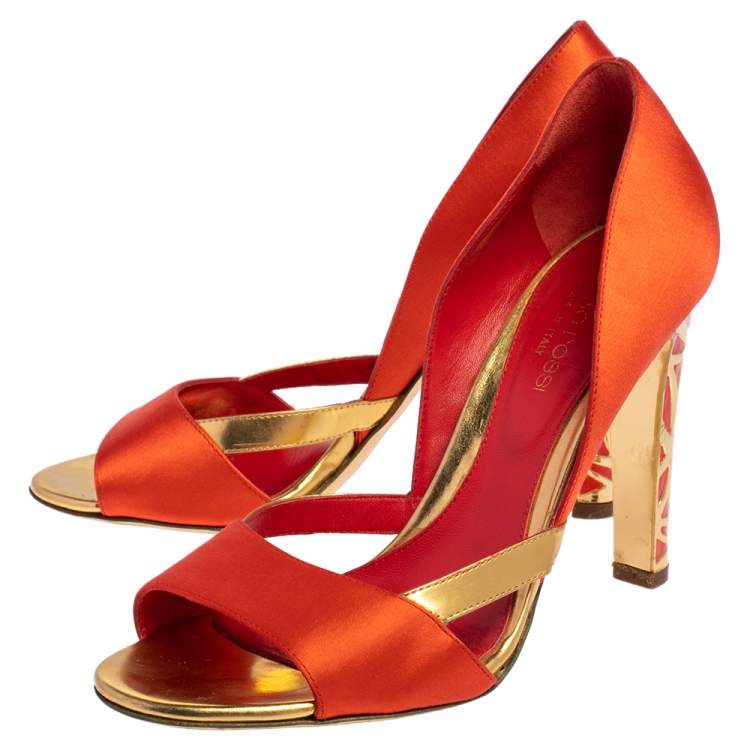 Pre Owned Sergio Rossi Orange/Gold Satin and Leather Open Toe Sandals Size 36.5