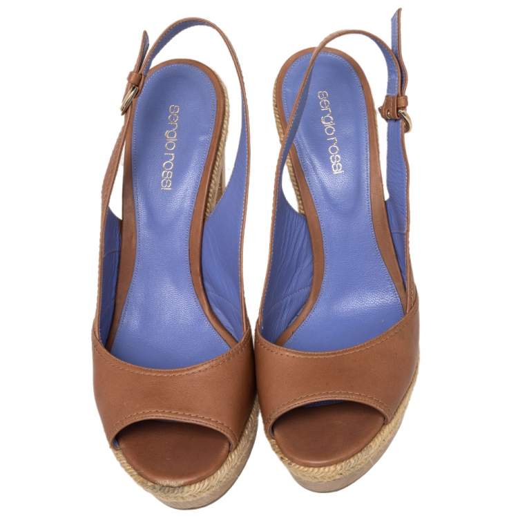 Pre Owned Sergio Rossi Brown Leather Platform Espadrille Slingback Sandals Size 39.5