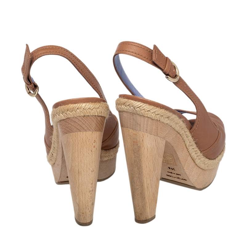 Pre Owned Sergio Rossi Brown Leather Platform Espadrille Slingback Sandals Size 39.5