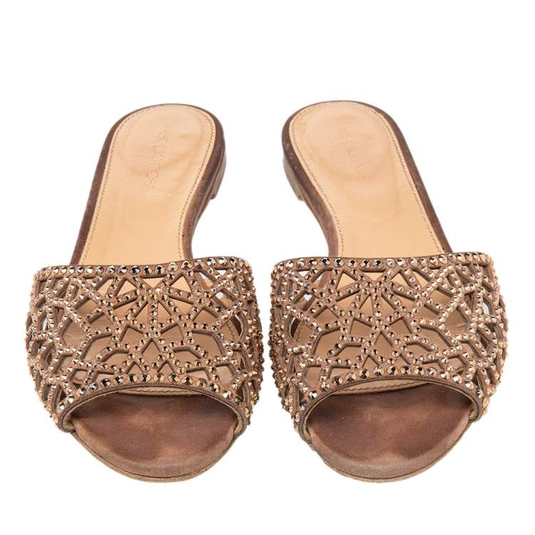 Pre Owned Sergio Rossi Brown Suede Embellished Flat Slides Size 36 