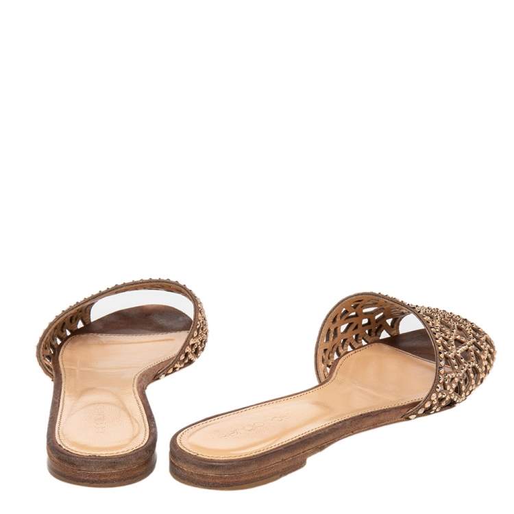 Pre Owned Sergio Rossi Brown Suede Embellished Flat Slides Size 36 