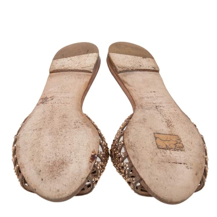 Pre Owned Sergio Rossi Brown Suede Embellished Flat Slides Size 36 