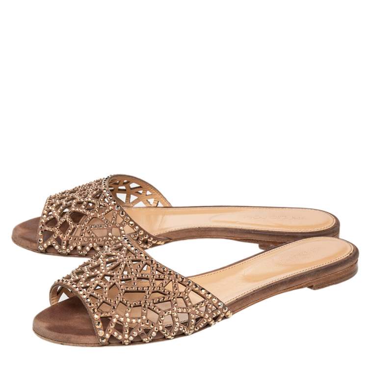 Pre Owned Sergio Rossi Brown Suede Embellished Flat Slides Size 36 