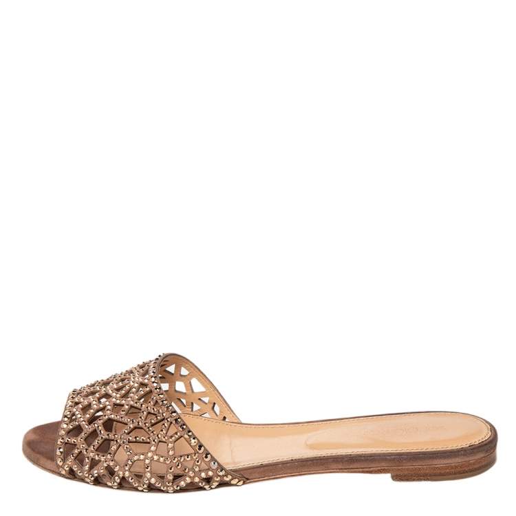 Pre Owned Sergio Rossi Brown Suede Embellished Flat Slides Size 36 