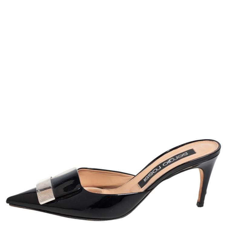 Pre Owned Sergio Rossi Black Patent Leather SR1 Mules Size 39