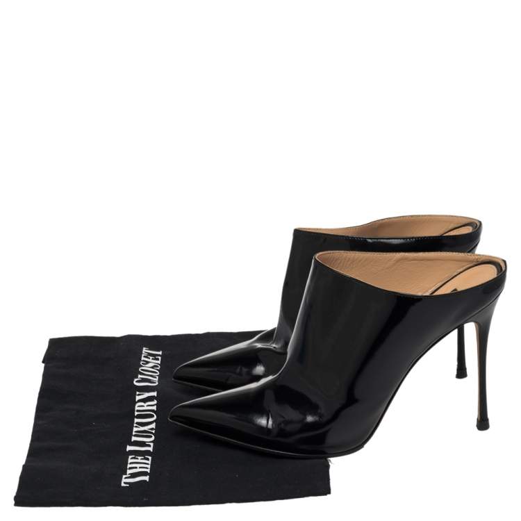 Pre Owned Sergio Rossi Black Glazed Leather Pointed Toe Mules Size 40