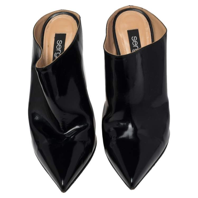 Pre Owned Sergio Rossi Black Glazed Leather Pointed Toe Mules Size 40