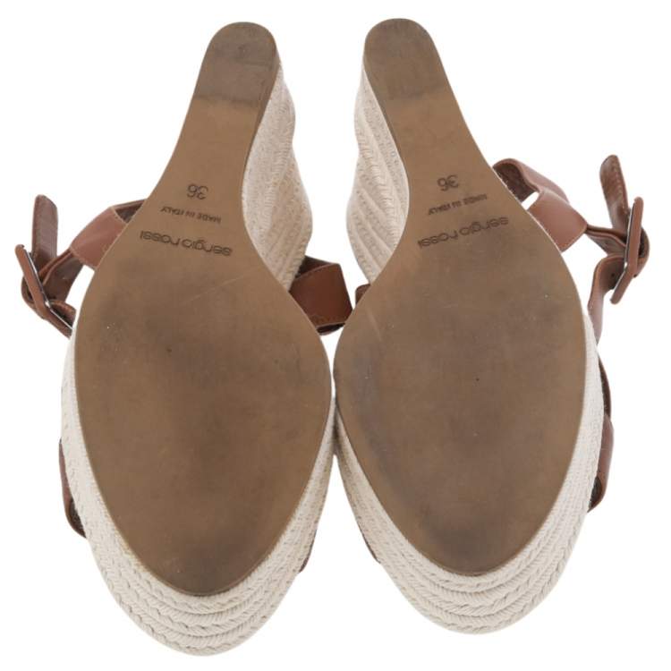 Pre Owned Sergio Rossi Brown Leather Platform Espadrille Wedge Sandals Size 36
