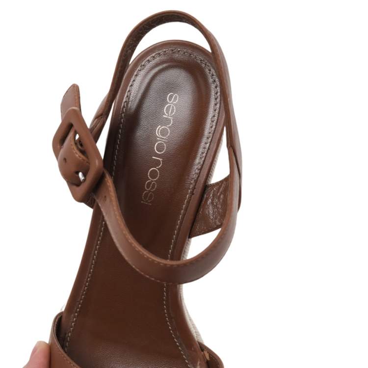 Pre Owned Sergio Rossi Brown Leather Platform Espadrille Wedge Sandals Size 36