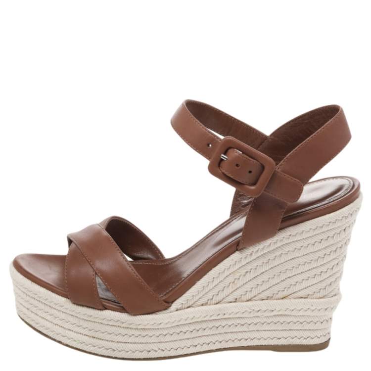 Pre Owned Sergio Rossi Brown Leather Platform Espadrille Wedge Sandals Size 36