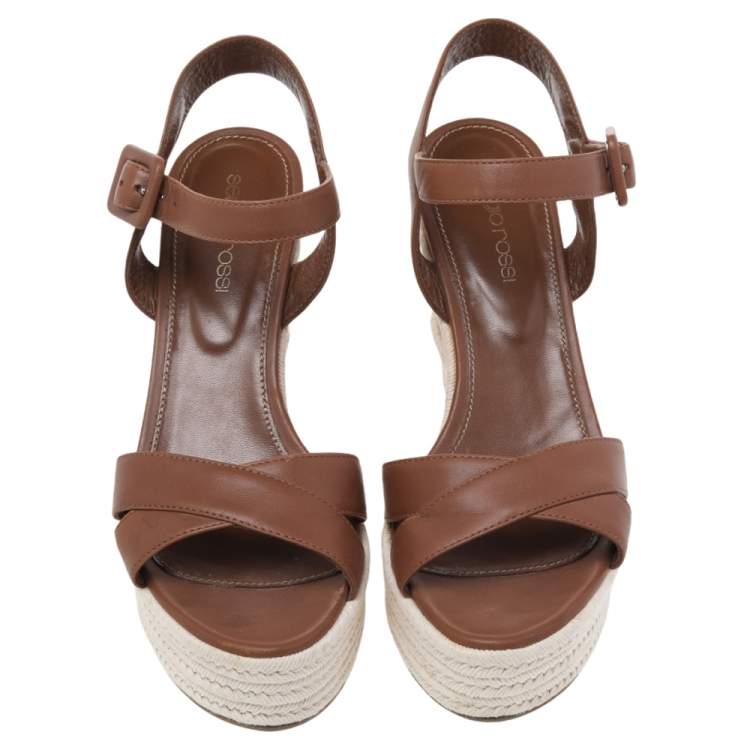 Pre Owned Sergio Rossi Brown Leather Platform Espadrille Wedge Sandals Size 36
