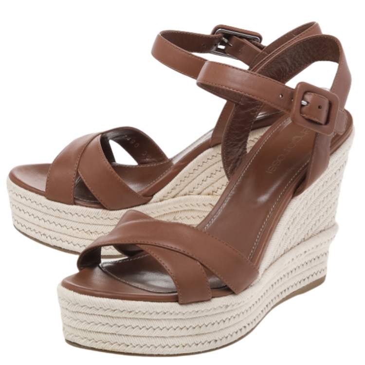 Pre Owned Sergio Rossi Brown Leather Platform Espadrille Wedge Sandals Size 36