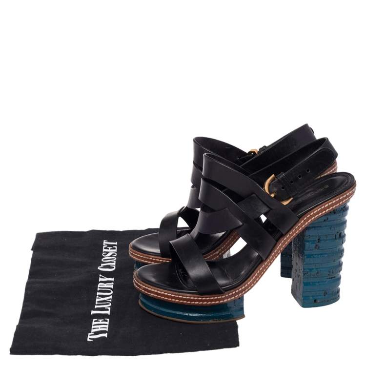 Pre Owned Sergio Rossi Black Leather Platform Cork Block Heel Slingback Sandals Size 37
