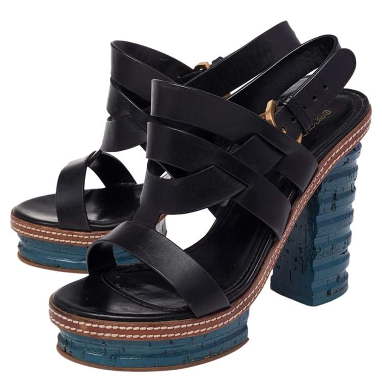 Pre Owned Sergio Rossi Black Leather Platform Cork Block Heel Slingback Sandals Size 37
