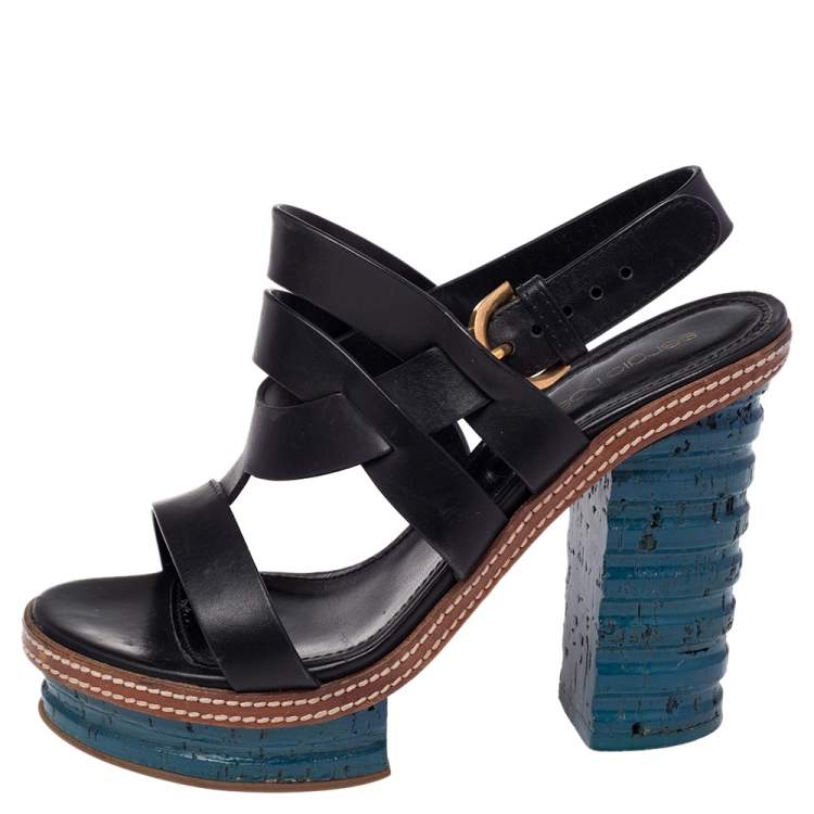 Pre Owned Sergio Rossi Black Leather Platform Cork Block Heel Slingback Sandals Size 37