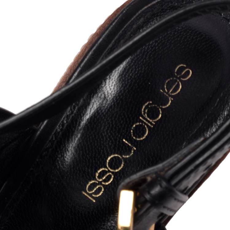 Pre Owned Sergio Rossi Black Leather Platform Cork Block Heel Slingback Sandals Size 37