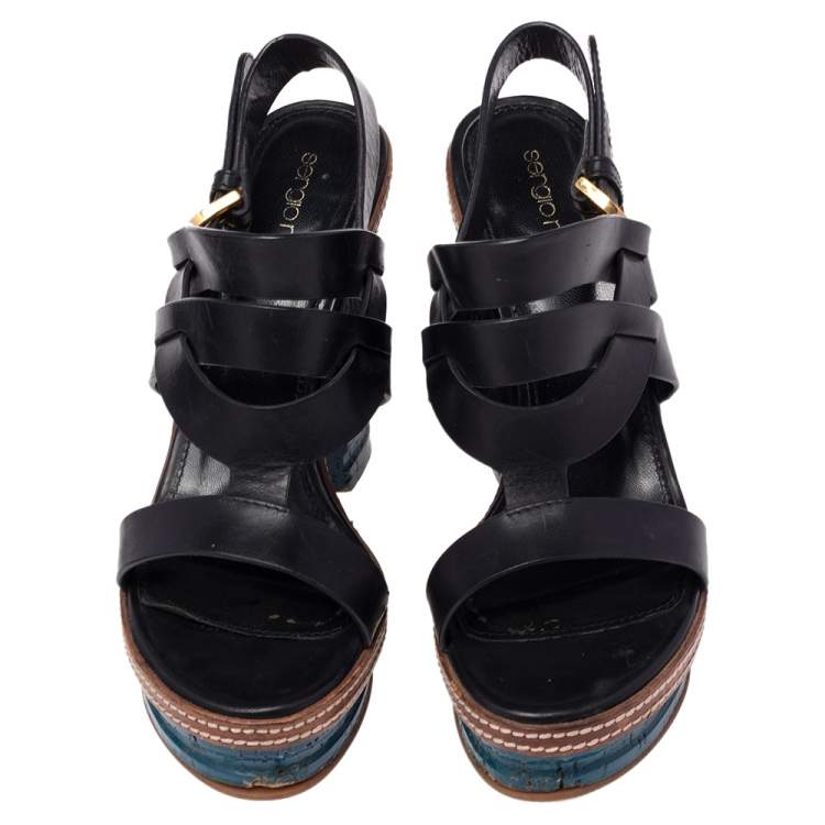 Pre Owned Sergio Rossi Black Leather Platform Cork Block Heel Slingback Sandals Size 37