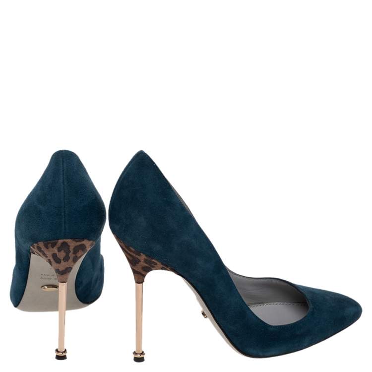 Pre Owned Sergio Rossi Green Suede Leopard Print Metal Heel Pumps Size 36