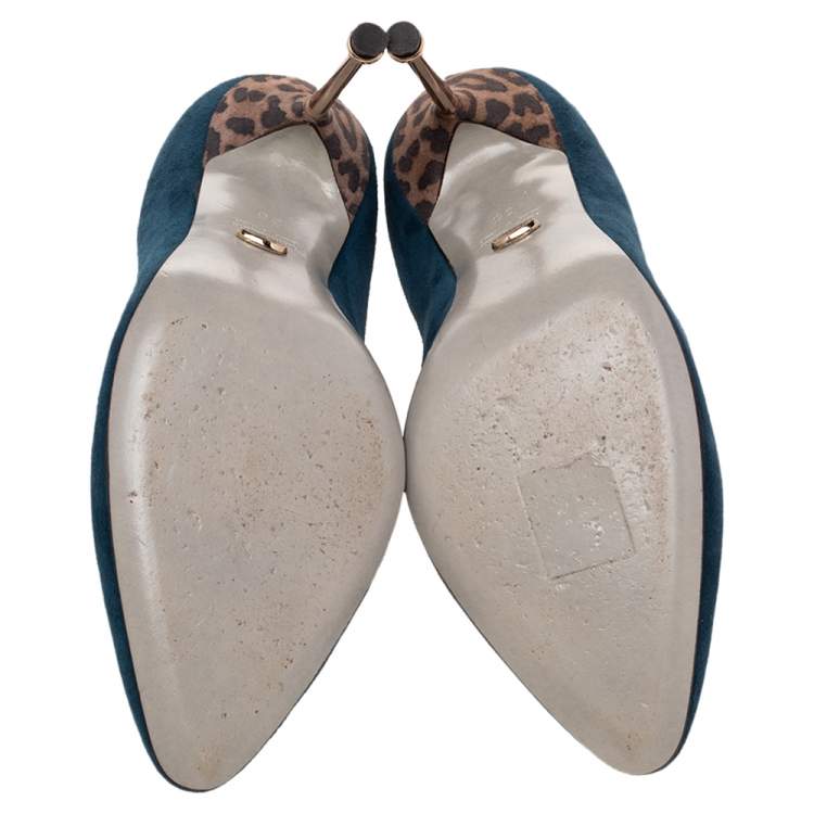 Pre Owned Sergio Rossi Green Suede Leopard Print Metal Heel Pumps Size 36