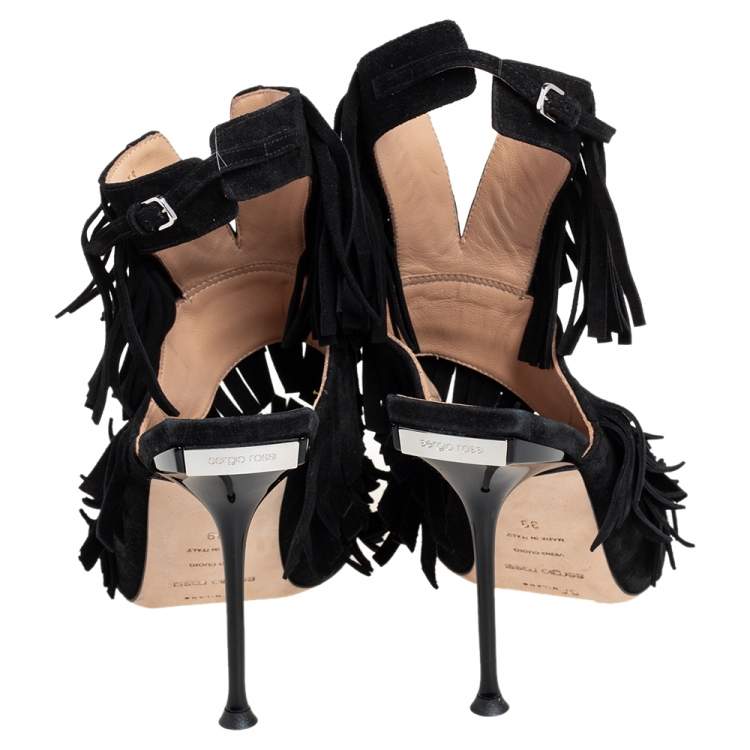 Pre Owned Sergio Rossi Black Suede Fringe Peep Toe Sandals Size 39