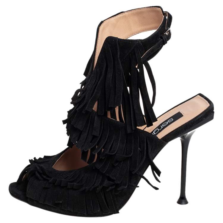 Pre Owned Sergio Rossi Black Suede Fringe Peep Toe Sandals Size 39