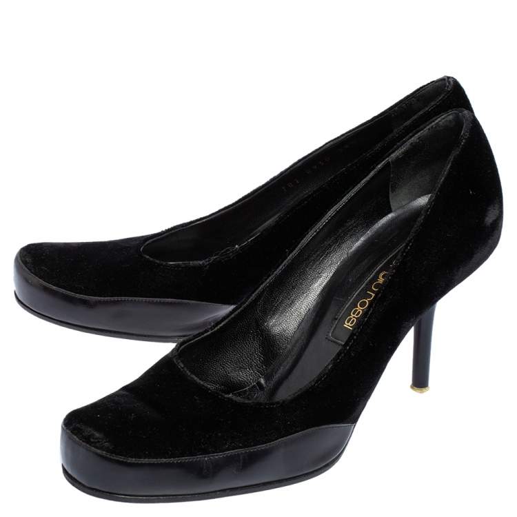 Pre Owned Sergio Rossi Black Velvet and Leather Square Toe Pumps Size 38.5 