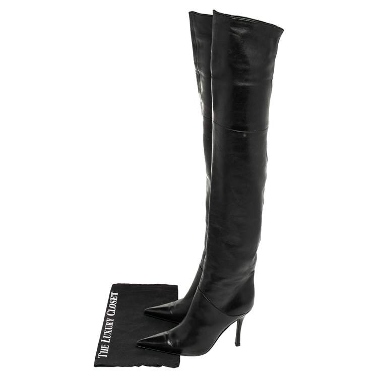 Pre Owned Sergio Rossi Black Leather Pointed Toe Thigh High Boots Size 37