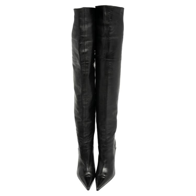 Pre Owned Sergio Rossi Black Leather Pointed Toe Thigh High Boots Size 37