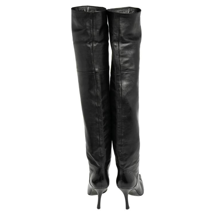 Pre Owned Sergio Rossi Black Leather Pointed Toe Thigh High Boots Size 37