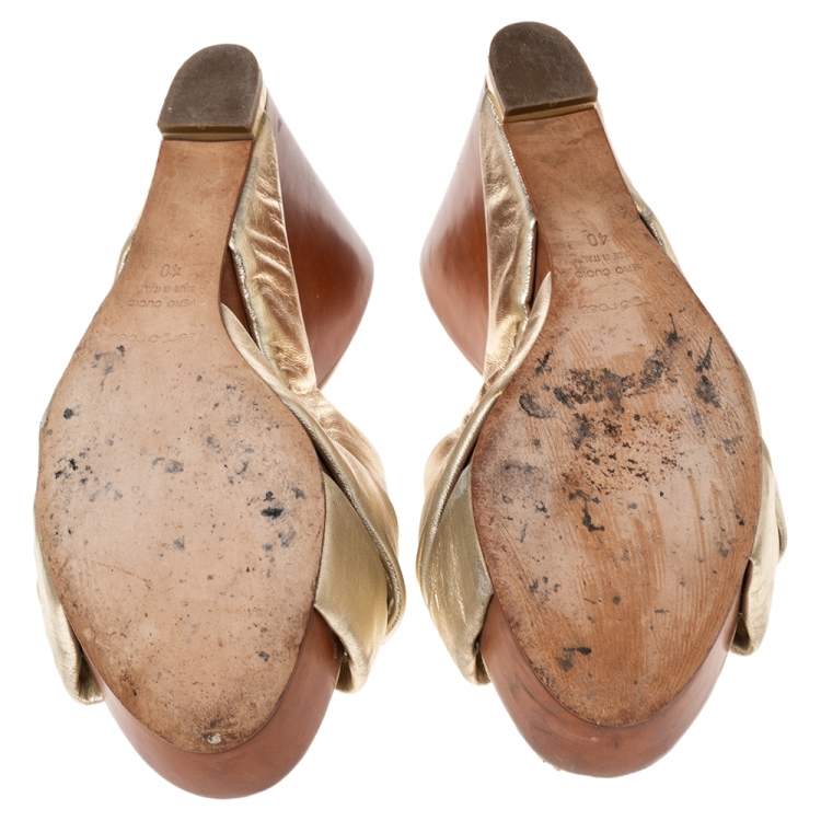 Pre Owned Sergio Rossi Metallic Gold Leather Wedge Slide Sandals Size 40