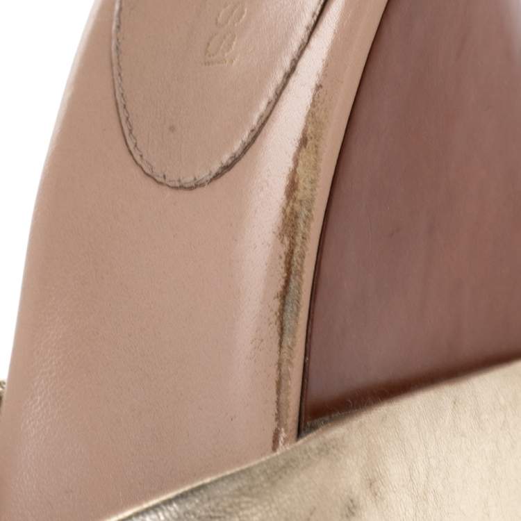 Pre Owned Sergio Rossi Metallic Gold Leather Wedge Slide Sandals Size 40