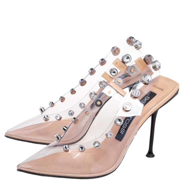 Pre Owned Sergio Rossi Beige PVC Crystal Embellished Slingback Sandals Size 39